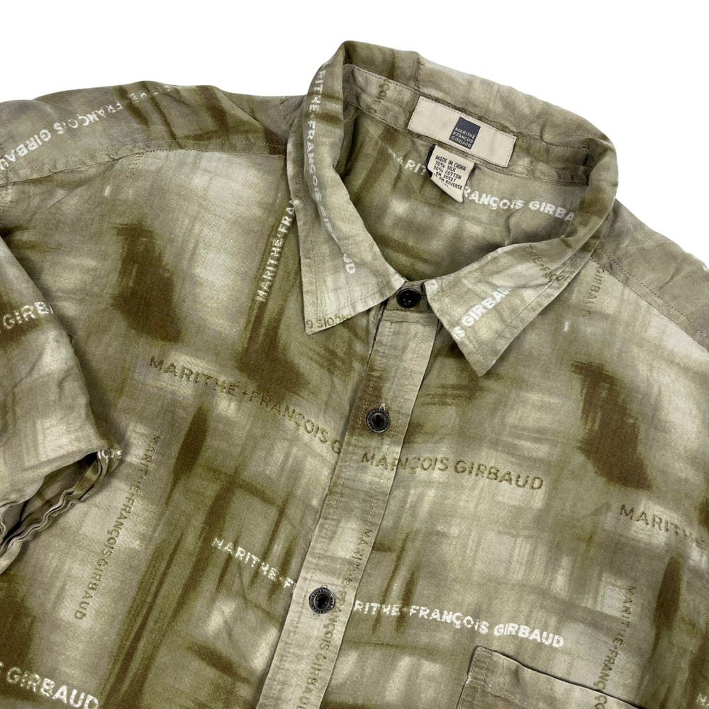 Marithe Francois Girbaud Men XXL Silk Blend Vintage AOP Spellout Button Up Shirt